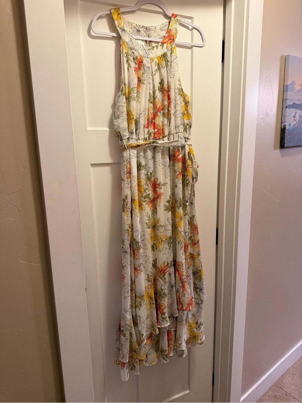 Calvin Klein White Halter Maxi Dress with Yellow & Orange Floral Print